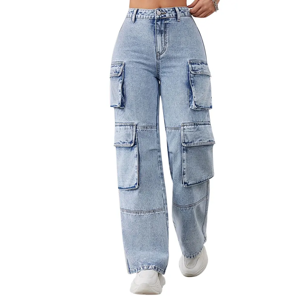 women baggy trousers high rise multi pockets faded washed denim boyfriend style wide leg cargo jeans