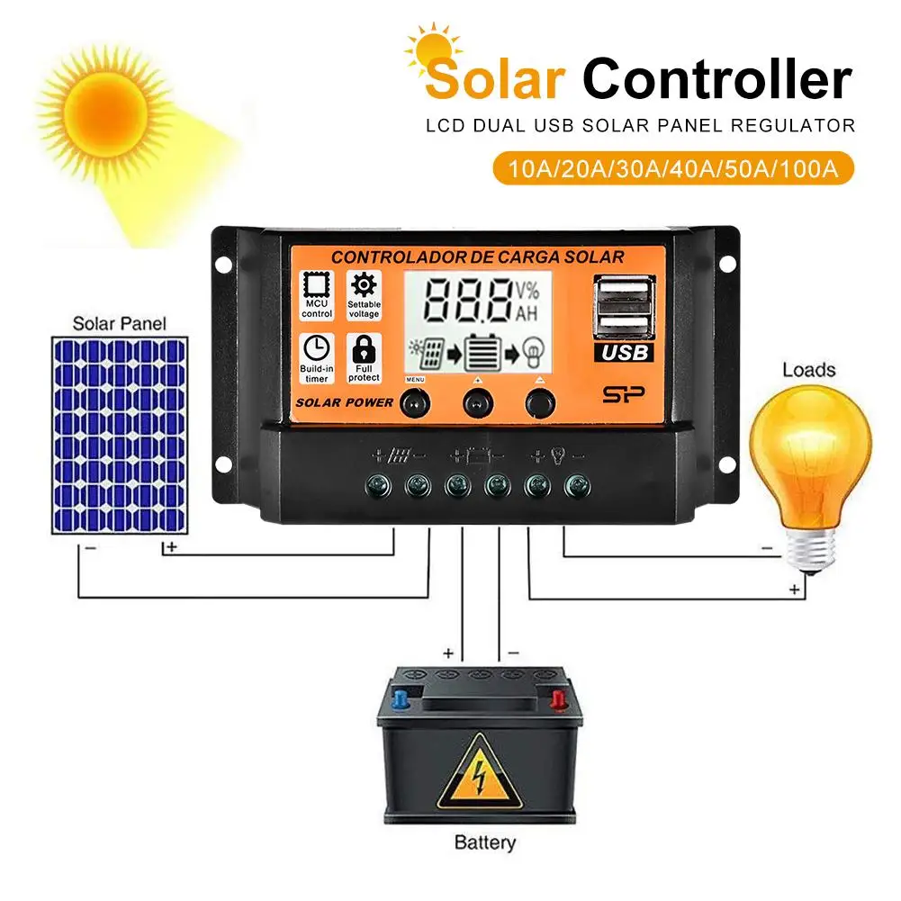 PWM Solar Charge Controller LCD Auto Battery Charging Panel Dual USB controlador de carga mppt 12V 24V Regulator carga charger