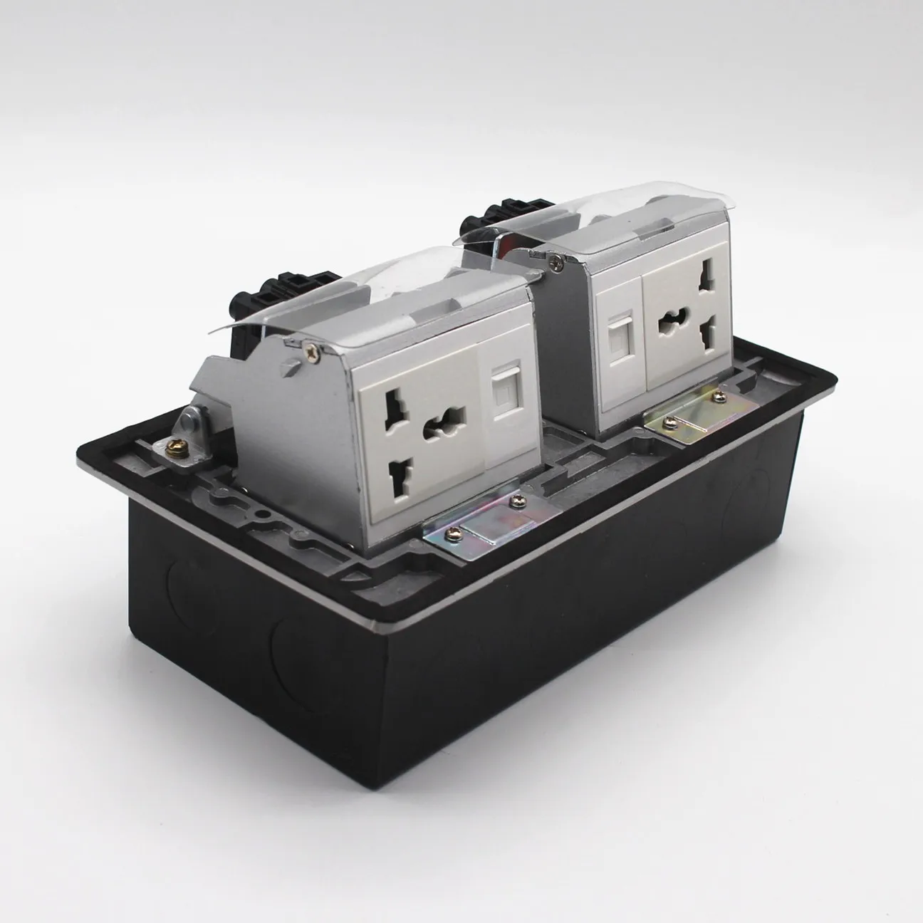Aluminum alloy pop-up floor box with 2 gang universal socket
