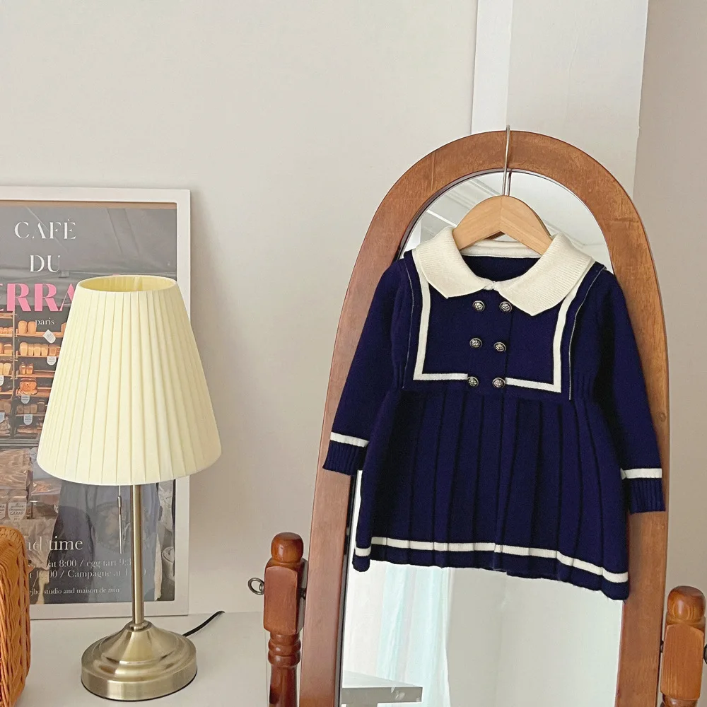 Autumn/Winter Newborn Infant Toddler long-sleeved navy dress for girls