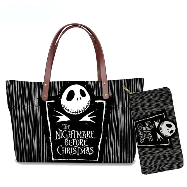 Jack Skellington Sally Nightmare Before Christmas Printing Women Handbag&Purse Set Shoulder Skull Gothic Ladies Bags