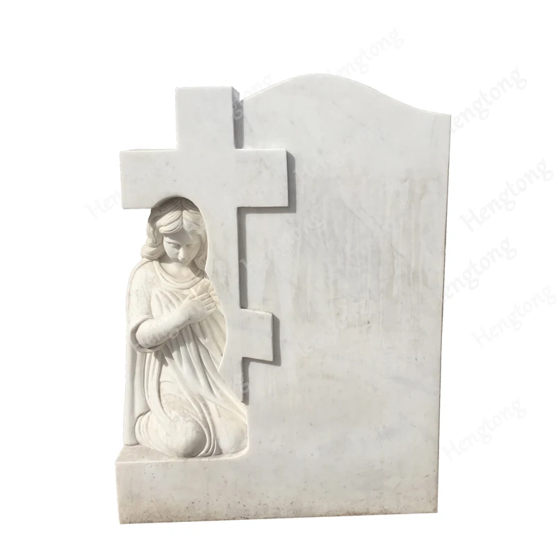 Cemetery Custom Hand Carved European Style White Marble Cross Design Tombstone