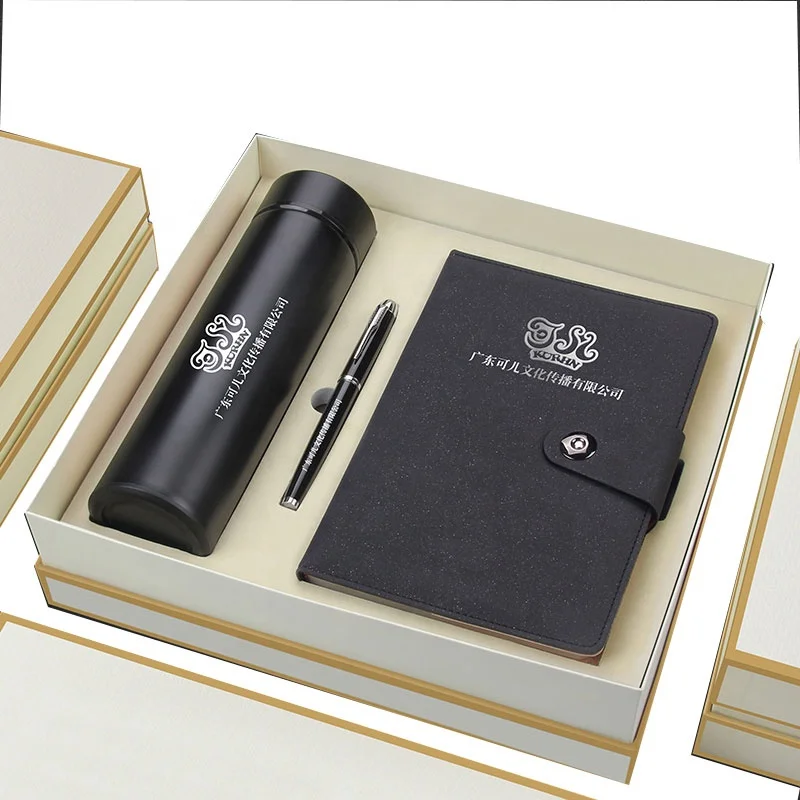 2022 new arrival custom business PU hard cover journal book notebooks vacuum flask and pen gift set with gift box