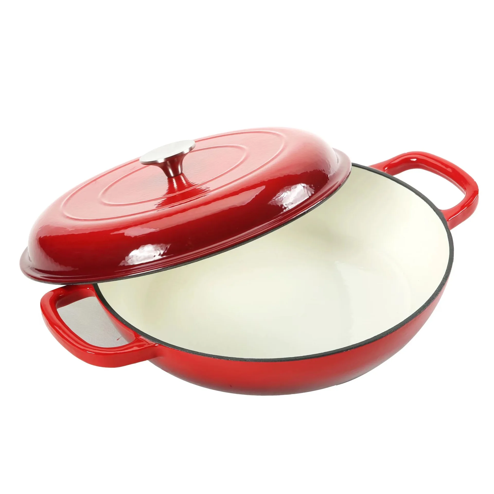 3.8 Quart Enamel Cast Iron Dutch Oven - Crock Pot with Loop Handles and Lid - Shallow Cookware Braising Pan