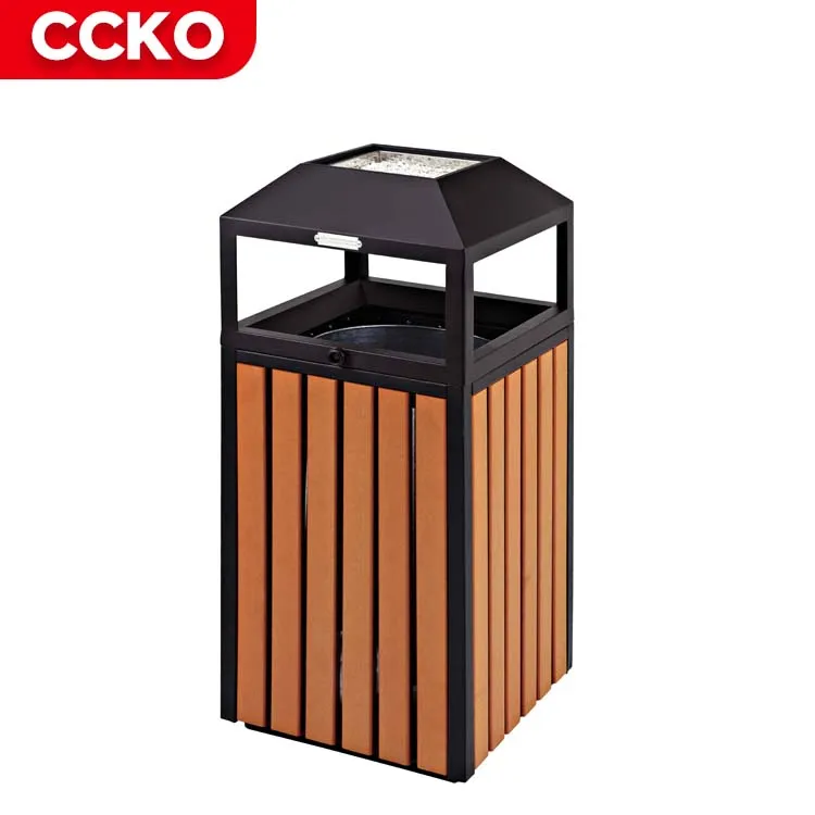 Brown Baking Paint Wood Grain Parks Streets Backyard Patio Garbage Bin Waste Bins Garbage Can Outdoor Trash Can With Top Tray