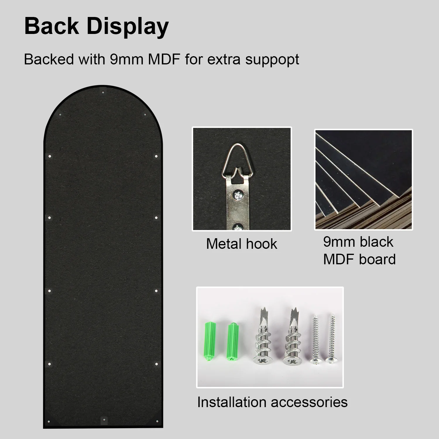 JTFM-L-A-1700X610-B Arch L-Shaped Iron Frame Matte Black 5mm Aluminum Mirror