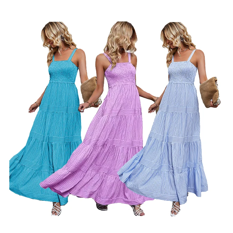 Custom Fashion Striped Floral Print Sleeveless Suspender Sundress Large Hem Sexy Beach Bohemian Ladies Dresses