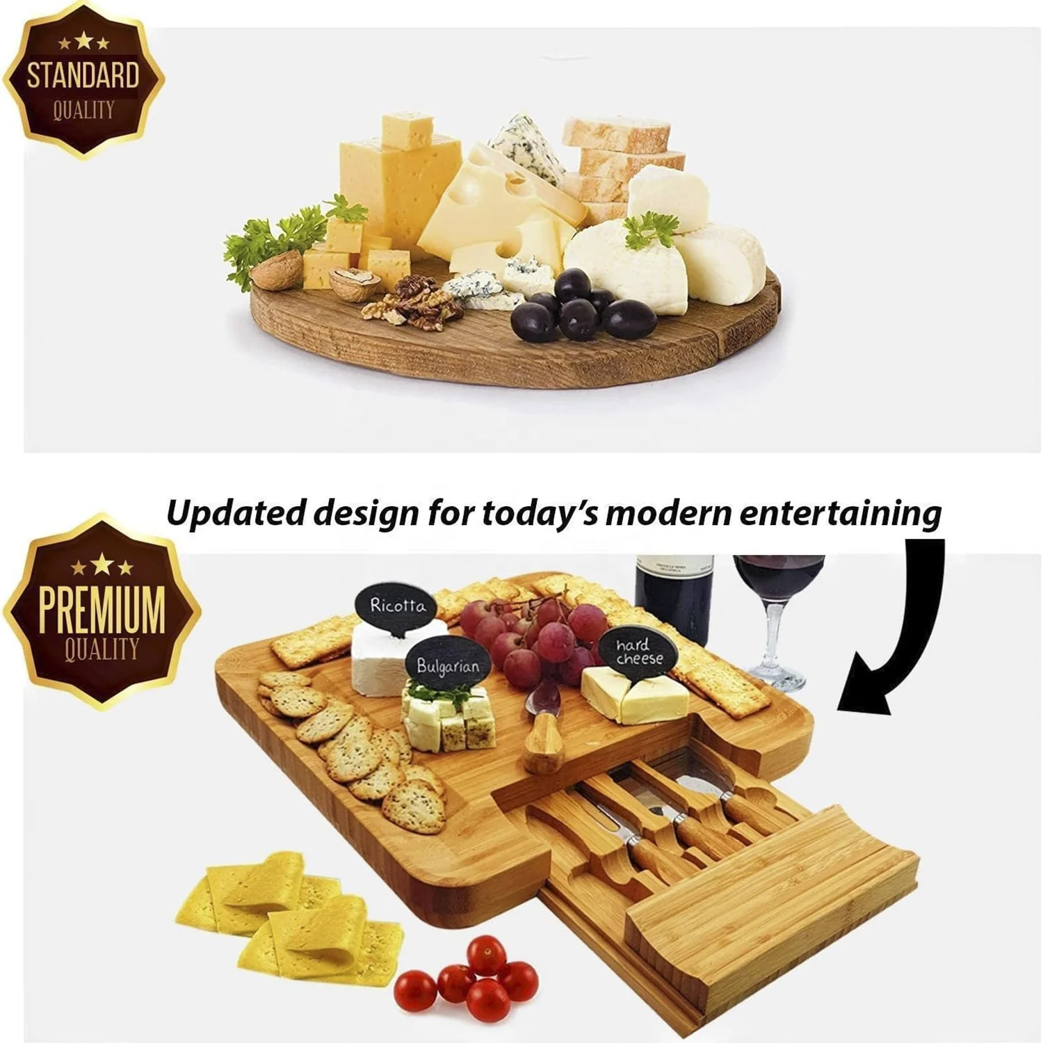 Multifunctional Bamboo Cheese Board And Knife Set Large  Charcuterie Board Plate Tray With Ceramic Bowls warming gifts