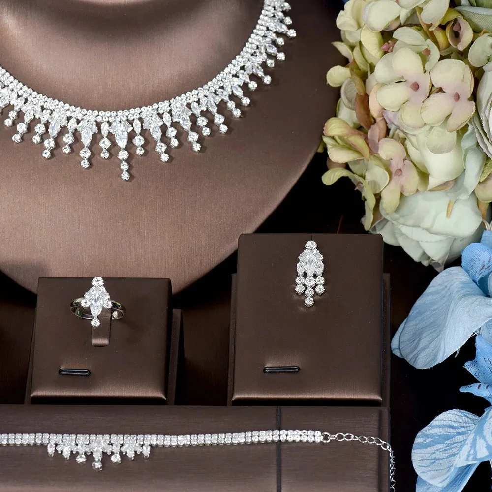 HIBRIDE Luxury 4pcs Earrings and Necklace Jewelry Set Round Design White Color Women Bridal Wedding Jewelry Accessories N-1540