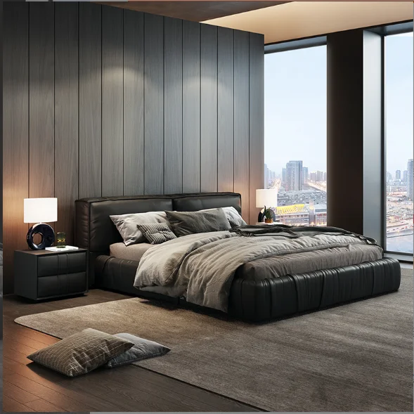 Modern Black Leather Double Queen King  Size Upholstered Storage Platform luxury bed room queen bed set furniture bedroom