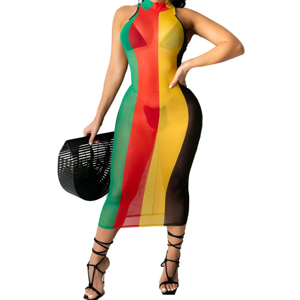 
Клубные платья, летнее Сетчатое платье без рукавов, сексуальное облегающее платье с круглым вырезом и полосками, женское платье Rasta 2021 