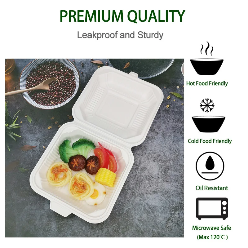 Custom 8 inch 3 Compartment  Takeaway Hinged Clamshell Food Container Cornstarch  Bio-Based  Biodegradable Clamshell Packaging