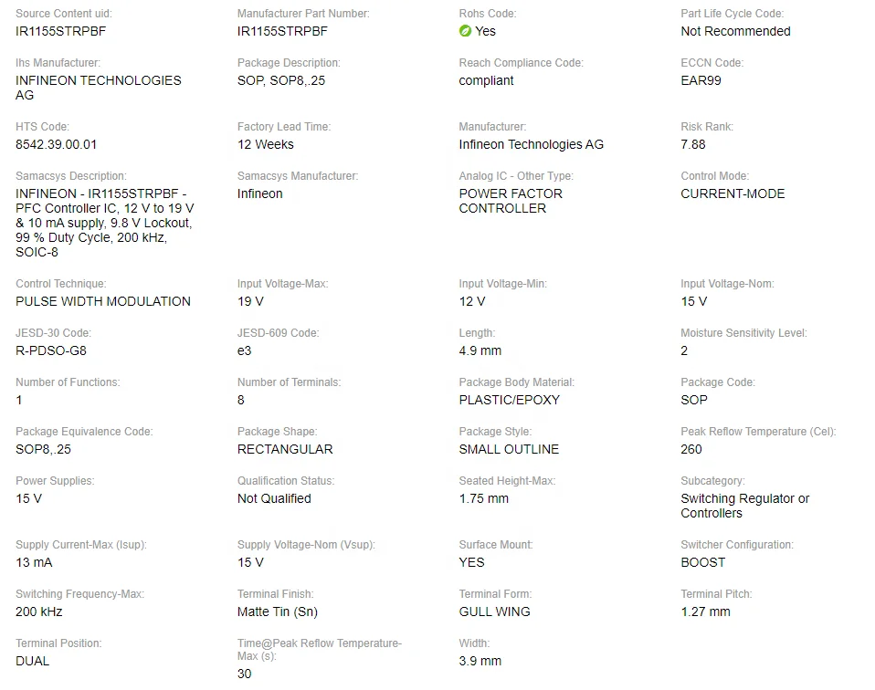 IR1155STRPBF регулятор переключения или контроллеры IC PFC CTLR CCM Регулируемый 8soic Интегральные схемы ic чип IR1155STRPBF