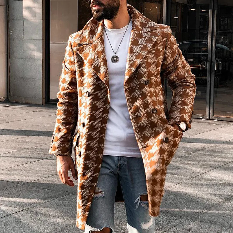 2022 Winter Men Medium Long Woolen Fashion Printed Suit Collar Single-breasted Overcoat Casual Coat For Men