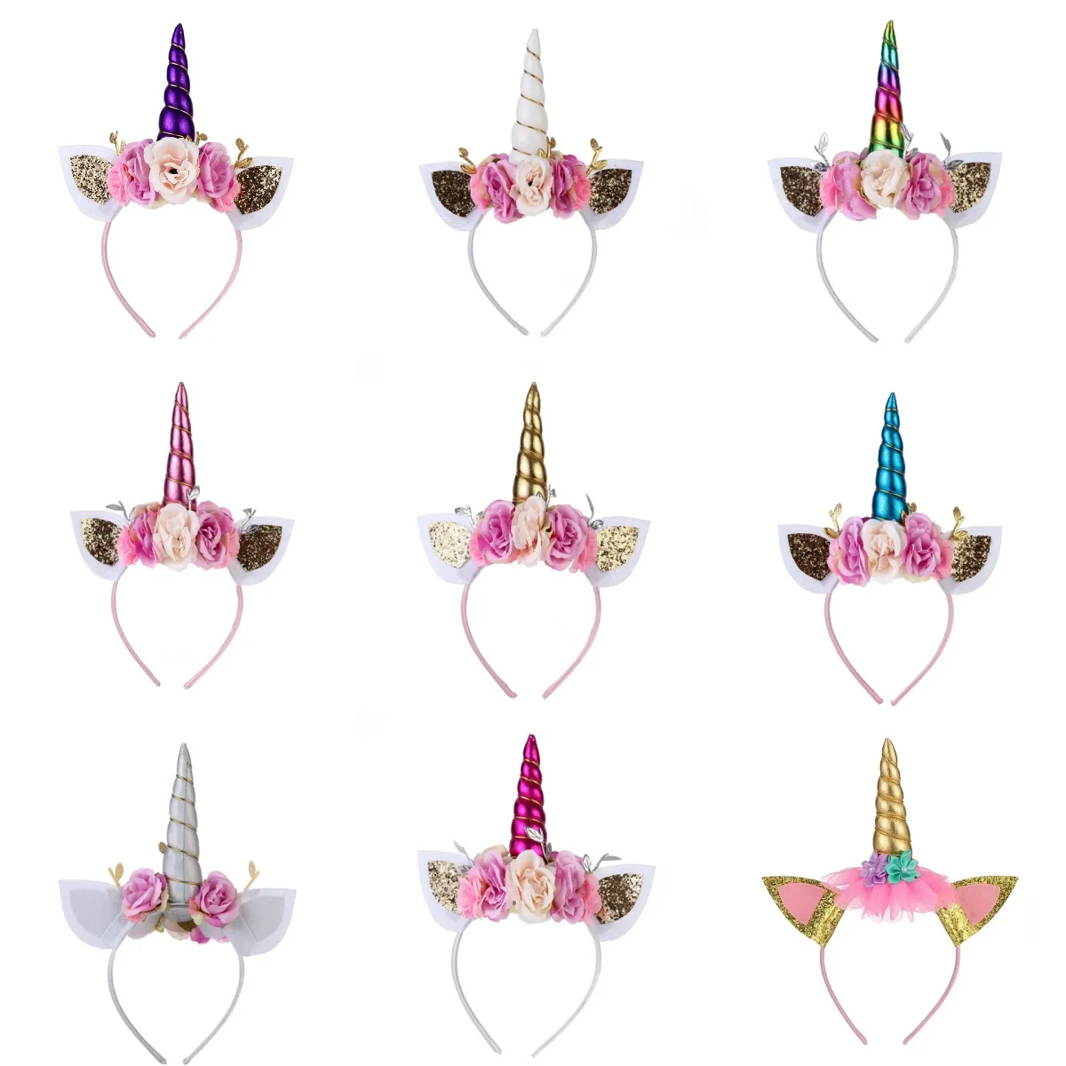 Unicorn Headband, Rainbow Glitter Horn Headband Cat Ear Head Bands Flowers Headwear Accessory for Unicorn Party Supplies
