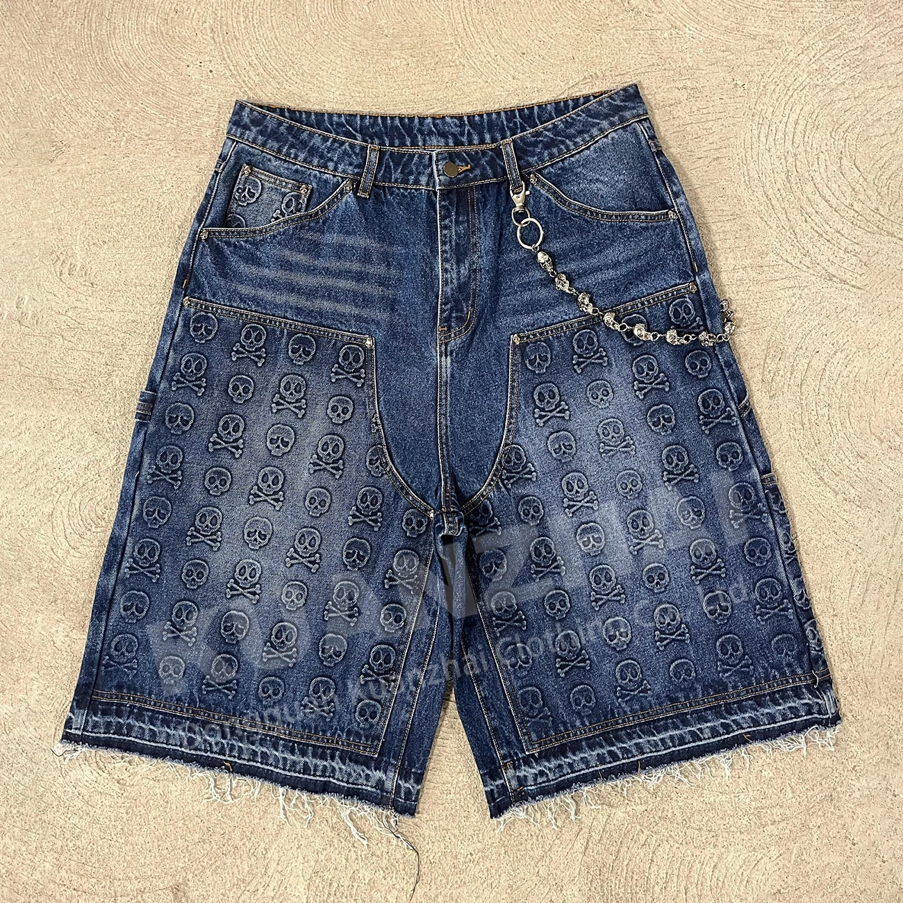 Custom acid wash vintage street wear distressed baggy embossed jorts cargo carpenter jeans denim shorts for men