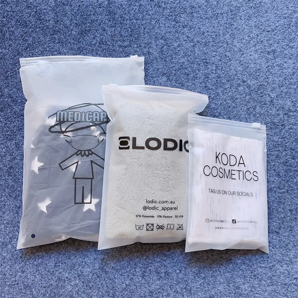Low Moq Custom Logo Printing Zipper Plastic Bag With Zip Lock Slider Eva Frosted Color For Clothing Packing Poly Bag