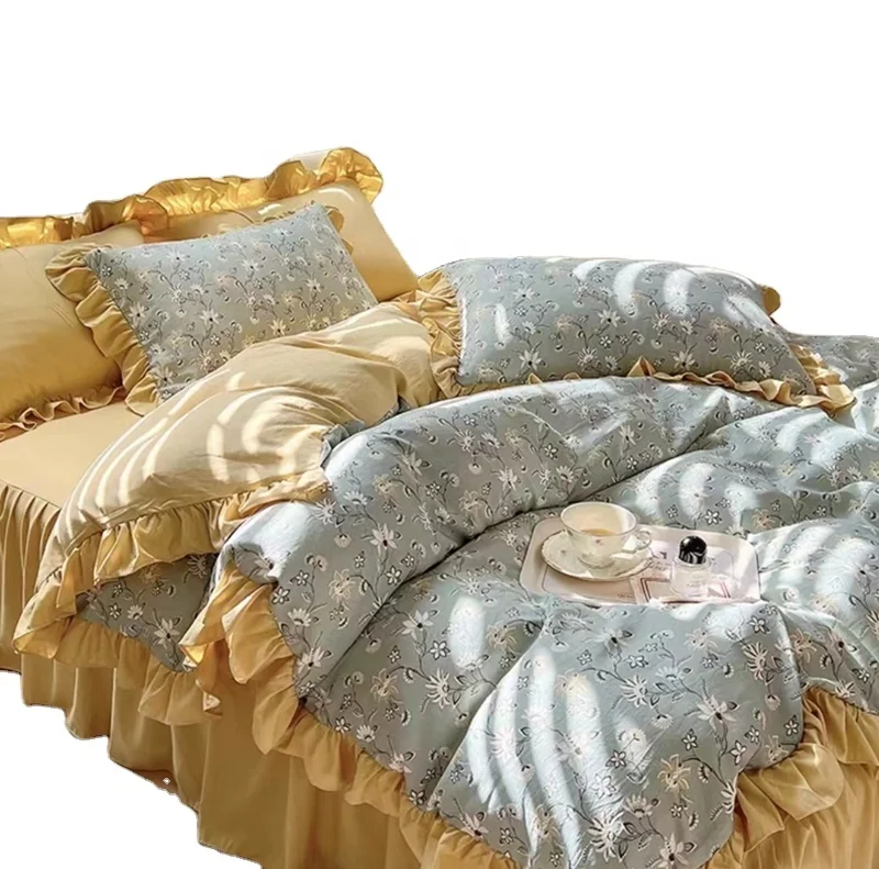 Microfiber Fitted Bed Skirt Sheet Bedding Set Indian Pakistani with Flower Pattern in Super King Size