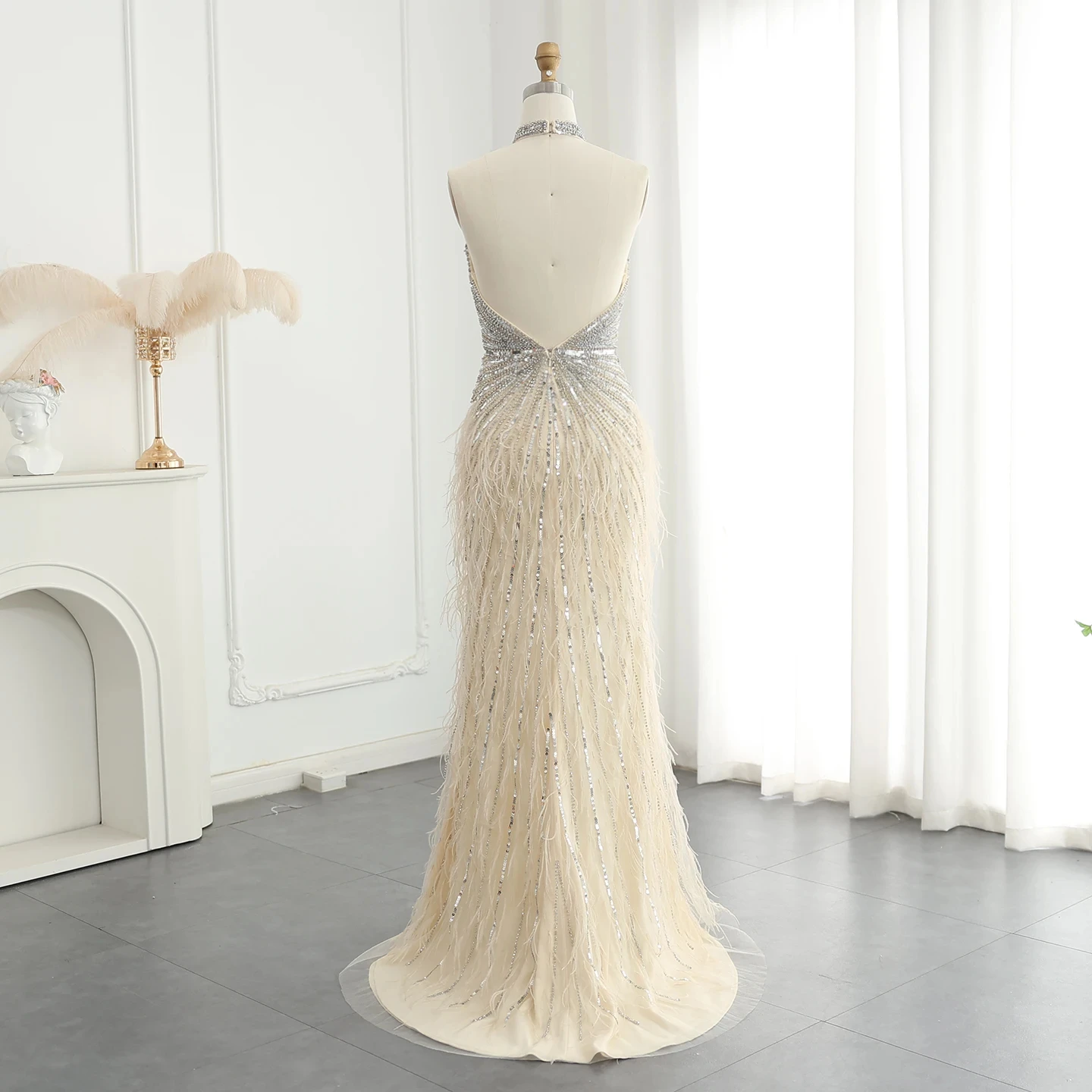 Luxury Beaded Feathers Mermaid Silver Gray Evening Dress Halter Backless Blue Beige Arabic Formal Party Gown SZ006-2