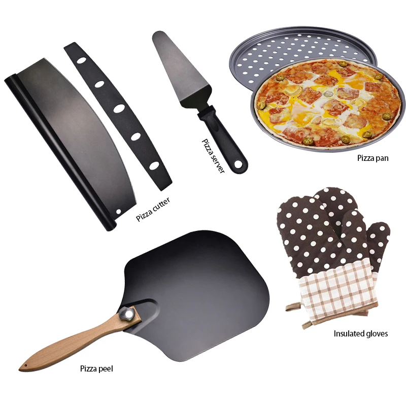 Новоприбывший набор для пиццы из 5 предметов, не покрытый антипригарной лопаткой для пиццы с деревянной ручкой