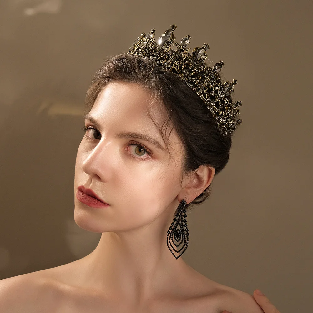 Exquisite Vintage Headpiece Black Rhinestone Hollow Crown Bridal Wedding Jewelry Tiaras