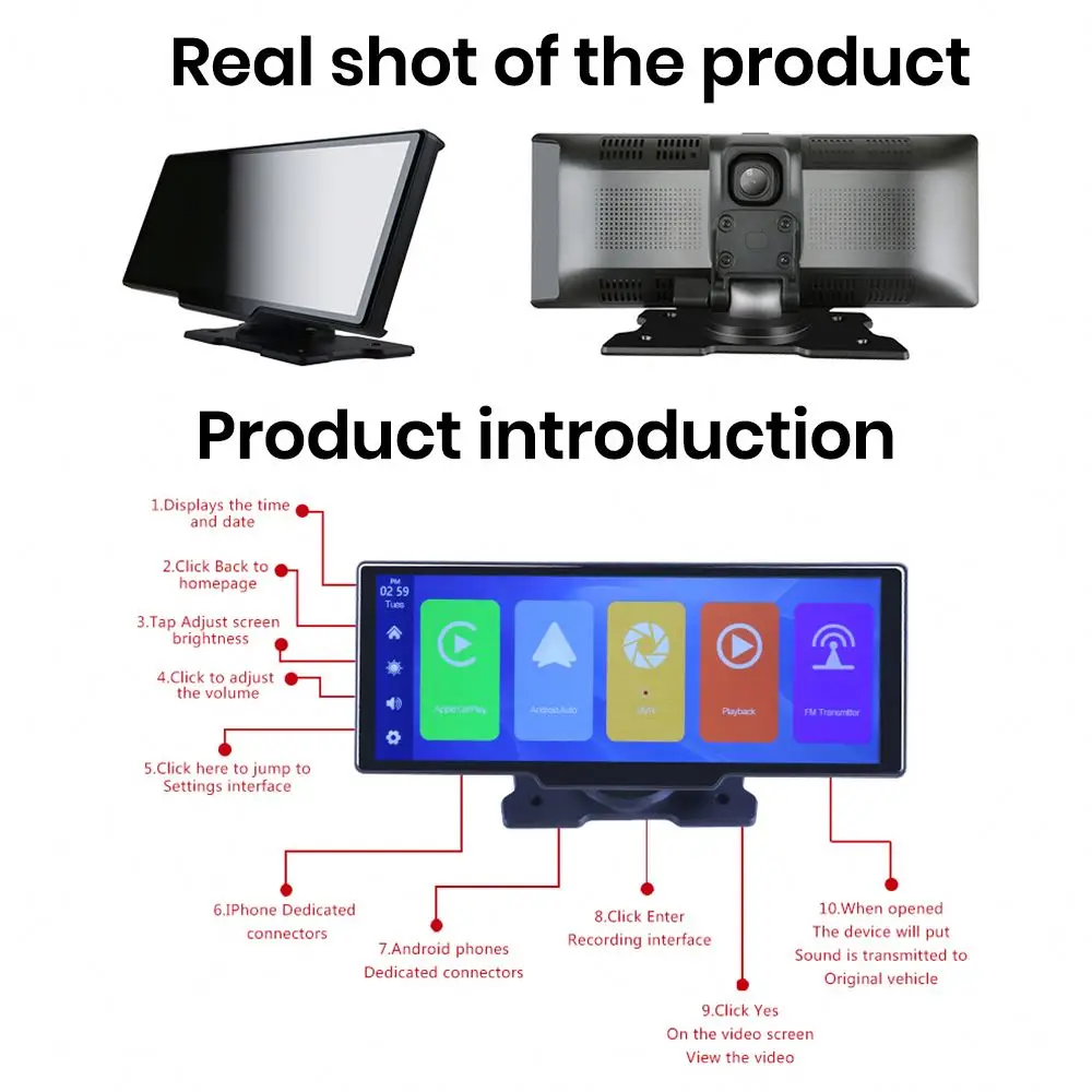 Carplay Screen 10 Inch for Universal Auto Hd Smart Dual Lens Radio Audio Wireless Carplay Android Auto CarPlay Monitor Screen