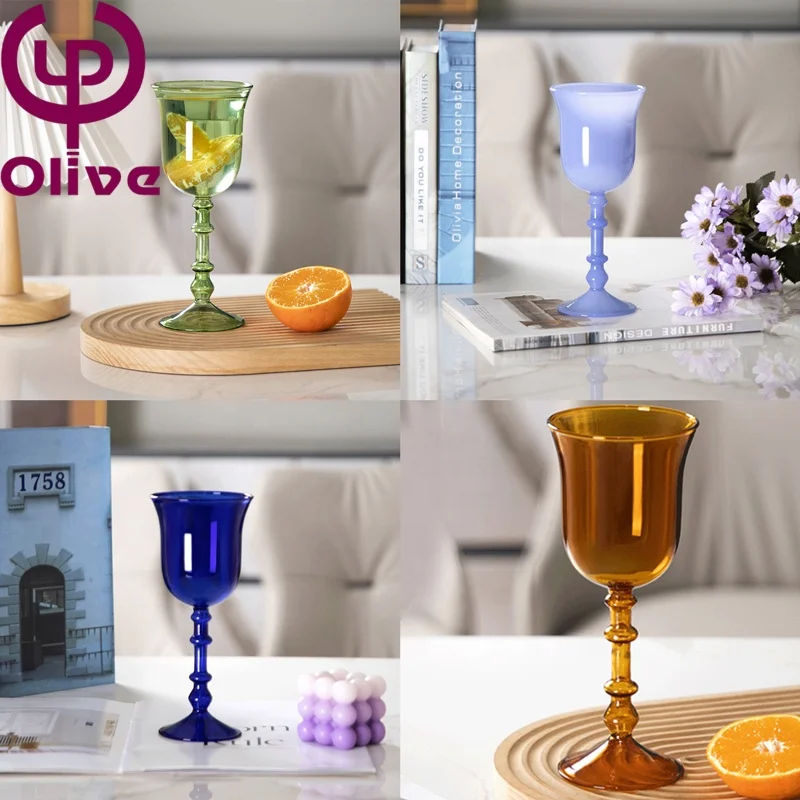 Vintage Home Decor Stained Glass Stemware Roman Column Hand Blown Red Wine Glass French High Borosilicate Colored Glass Goblets