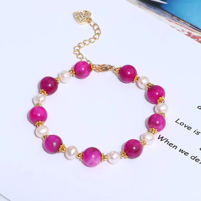 Copper plated real gold freshwater pearl bracelet, lucky peach jade temperament thin pearl cute bracelets