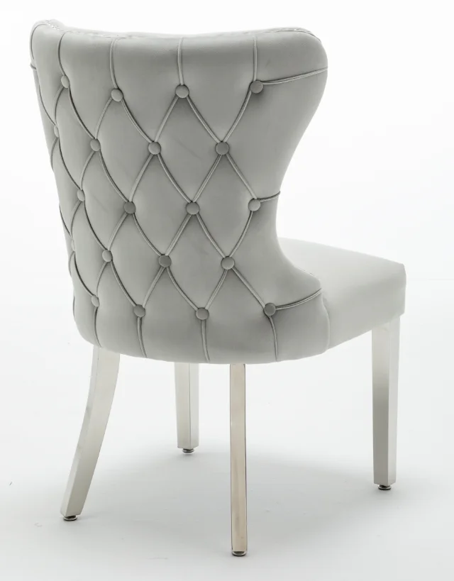 Knightsbridge Back Buttoned Brushed Velvet light Grey Dining Chair with Polished Stainless Steel Legs