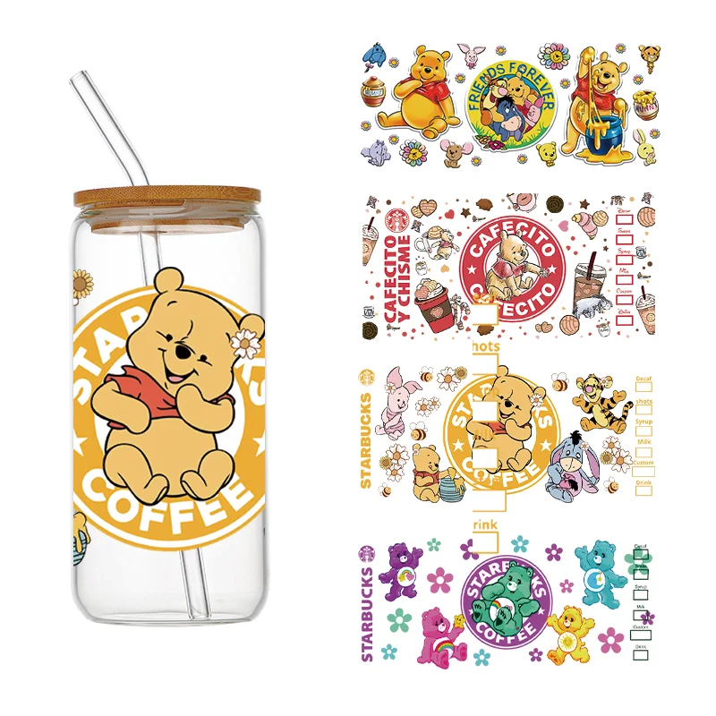 Заводская индивидуальная оптовая продажа 3D наклейки на чашки медведь серия мультяшных коллекций 16 унций Libby обертывания UV DTF наклейки для очков кружка