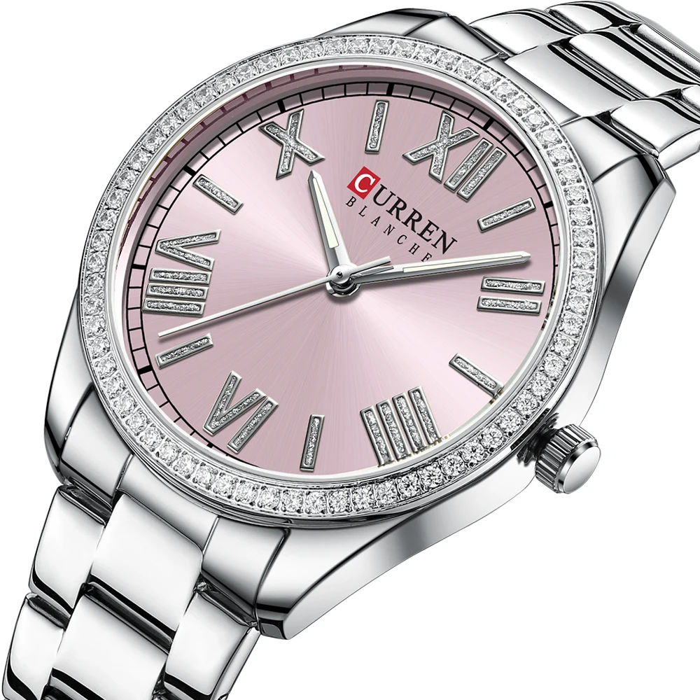 CURREN 9088 Luxury Quartz Women Bracelet Watch Silver Charming Rhinestone Dial with Stainless Steel Band Luminous Hands