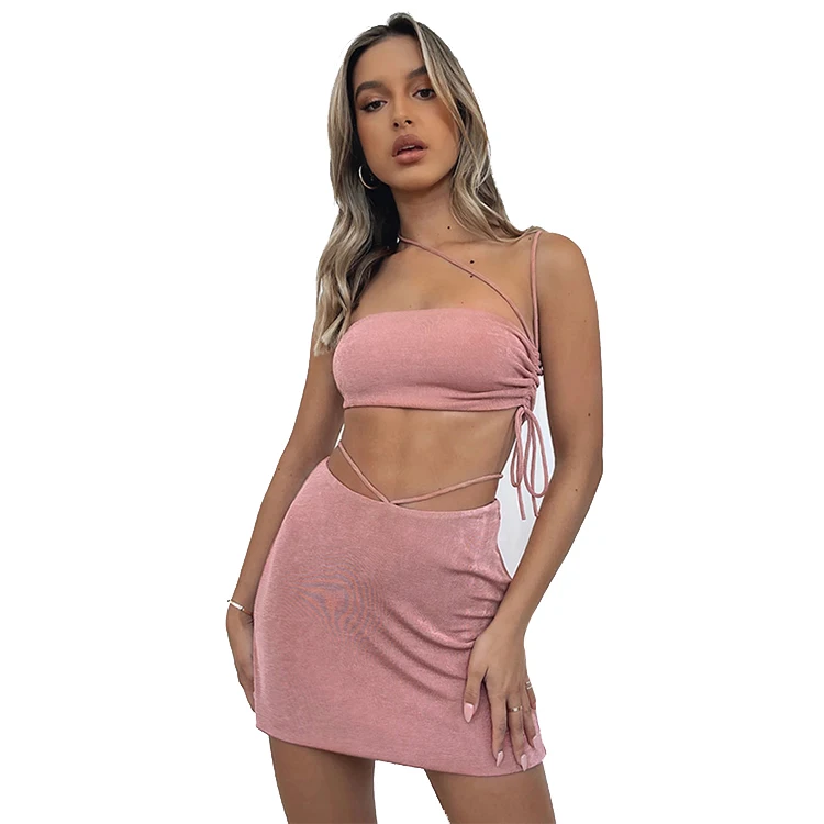  High quality 2 Piece Set Women Strap Solid Backless Sleeveless Sexy Mini