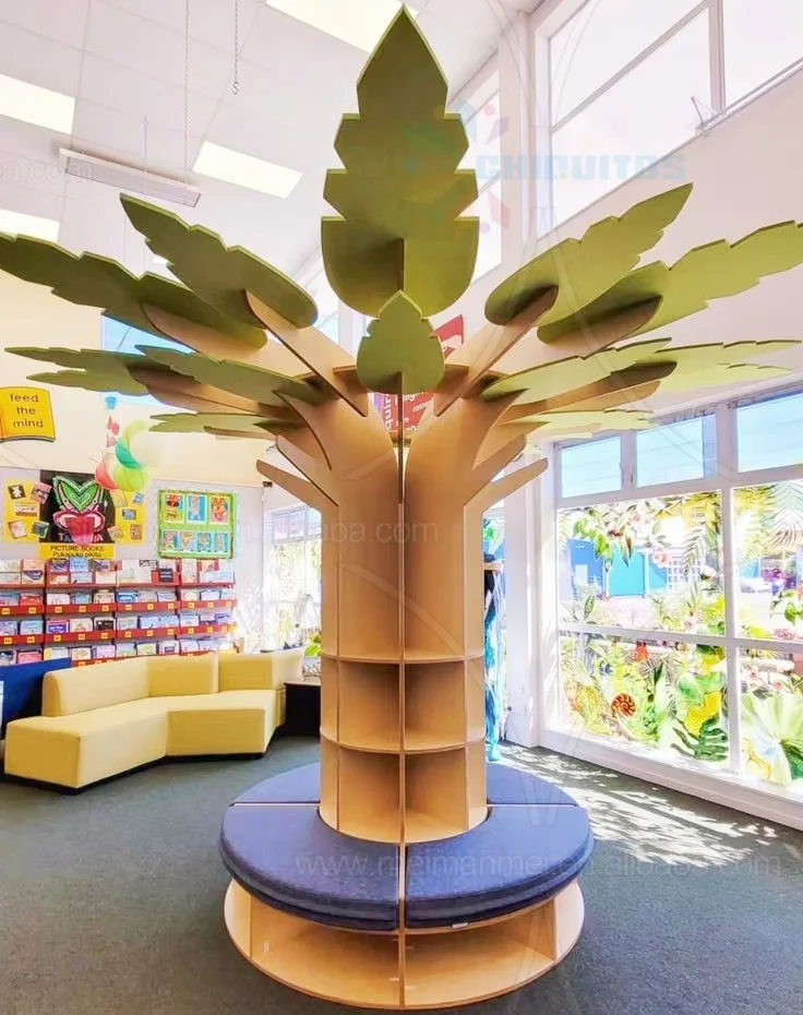 Chiquitos Wholesale Tree Shaped Modern Library Kindergarten School  Tree Wooden Bookshelf Popular Design Reading Tree Bookshelf