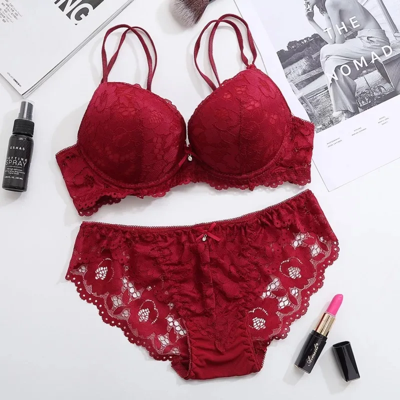 Ladies Lace Bras Brief Set Rhinestone Push up Sexy Brassier Fashion Women push up Bra Panty Sets with Underwire Back Closure