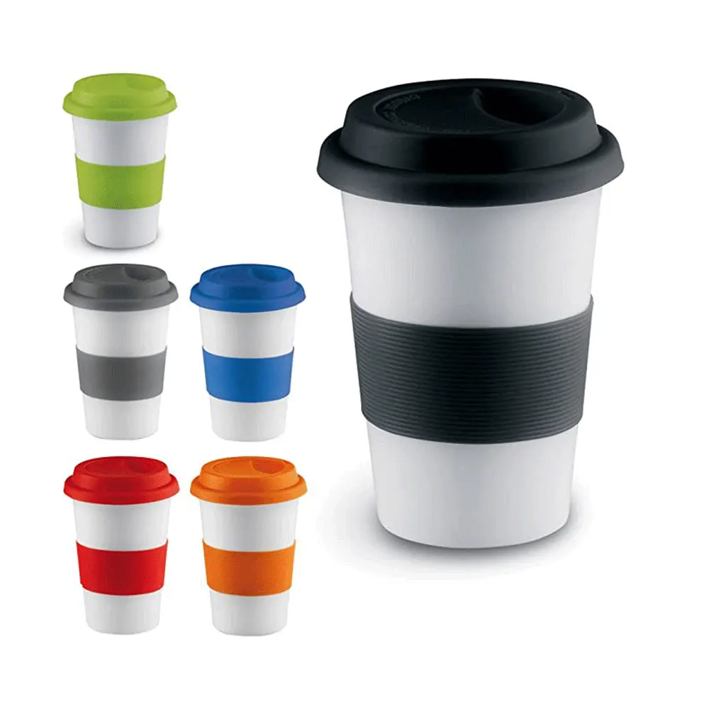 Portable glossy black ceramic sublimation coffee mug with silicone sleeve and lid