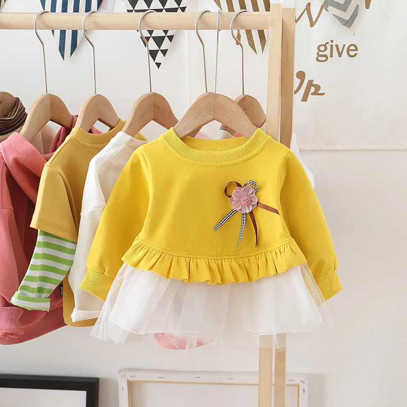 Hao Baby Girls 2022 Spring New 1-3 Year Old Baby Long Sleeve Toddler Stitching Net Yarn Infant Princess Skirt