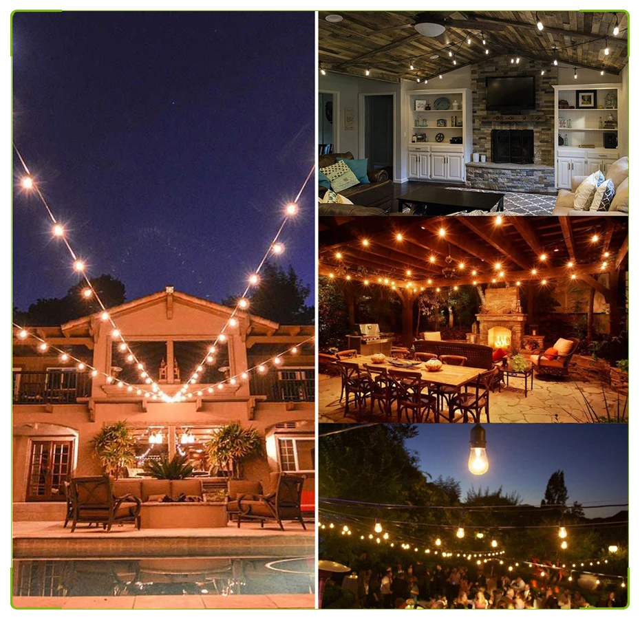 48 Feet Outdoor Patio Lighting with 15pcs S14 LED Edison Bulbs Hanging Suspended Strands String Strip Lights