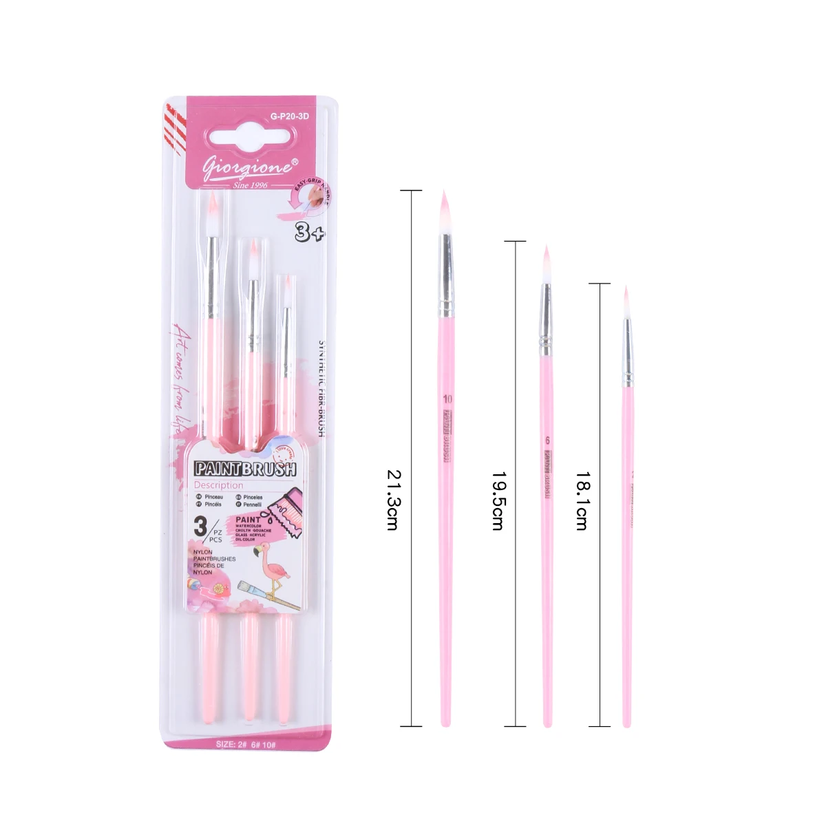 Giorgione G-P20-3D 3 Pieces Plastic Handle Nylon Hair Paintbrushes set for Acrylic Watercolor Oil Painting