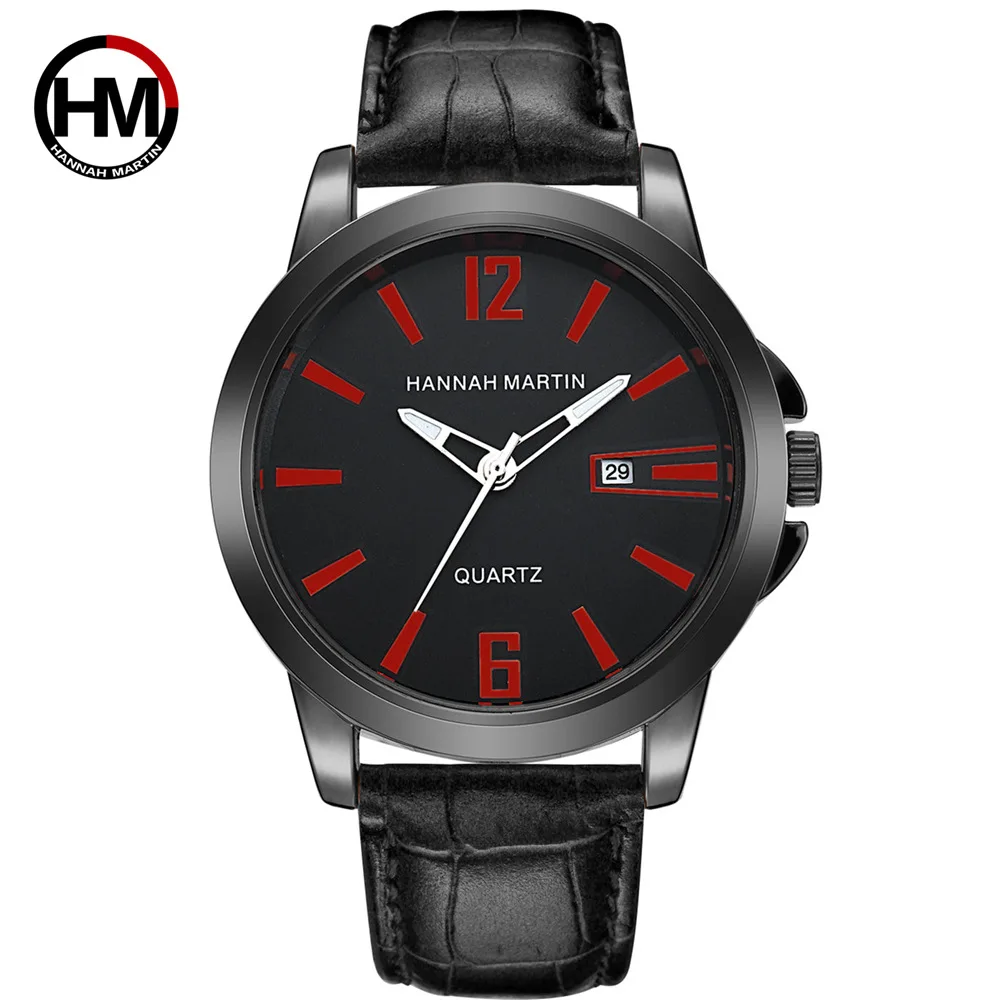 HANNAH MARTIN WATCH FACTORY OEM Stock Supply Business Leather Strap Anti-magnetic Simple Fashion Private Label Quartz Watch Men