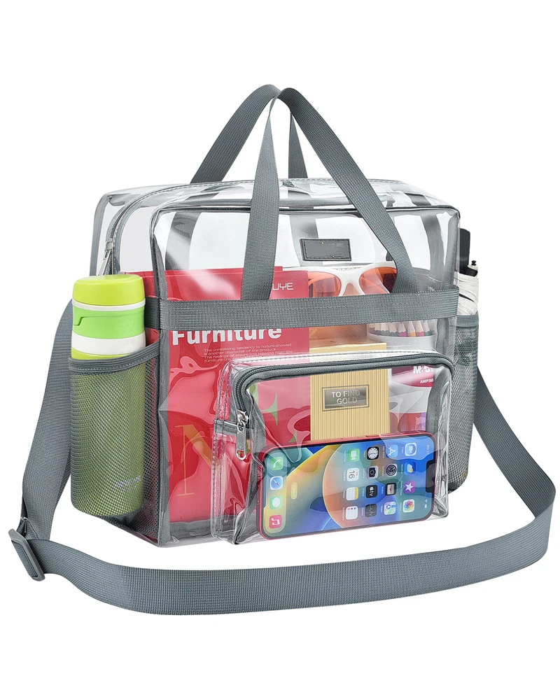 OEM ODM PVC Clear Tote Bag Stadium Approved See Through Lunch Bag with Front Pockets Transparent Totebag for Concerts Handbags