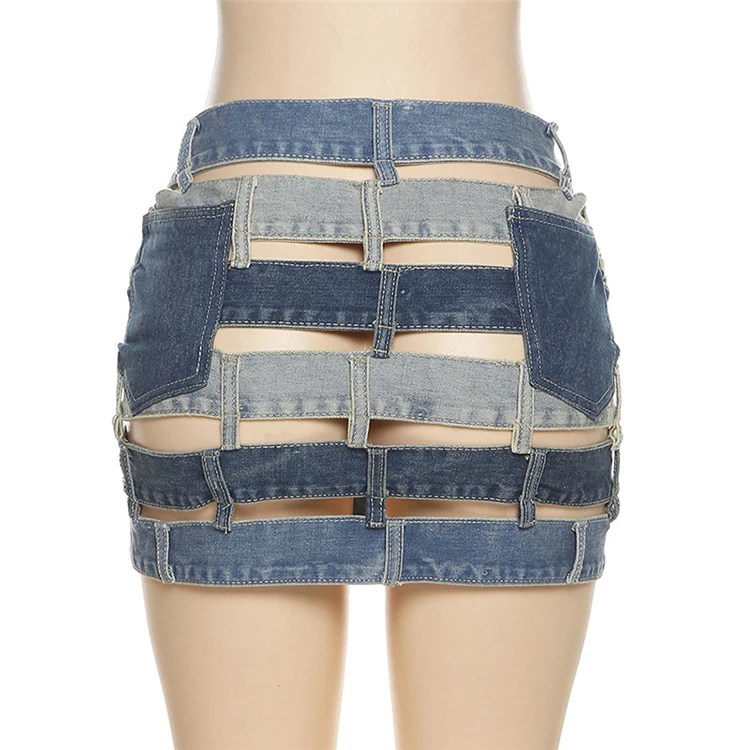 New Arrivals 2021 Clubwear High Waist Sexy Buttons Front Hollow Out Lady Blue Short Denim Jean Skirt Mini Skirts For Women