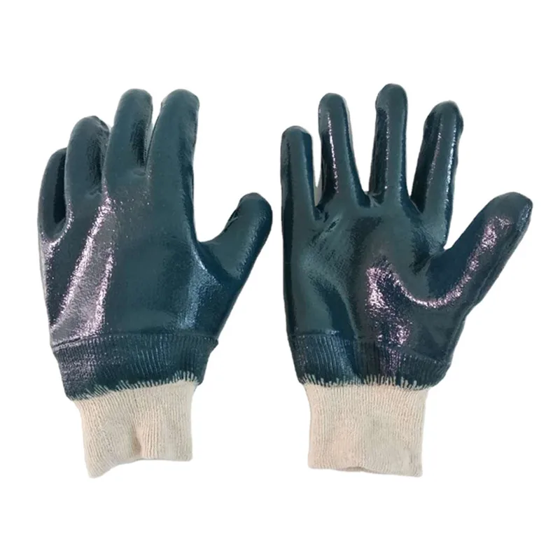 China Supplier Blue Nitrile Dipped Oil Proof Jersey Liner Safety Cuff Gloves
