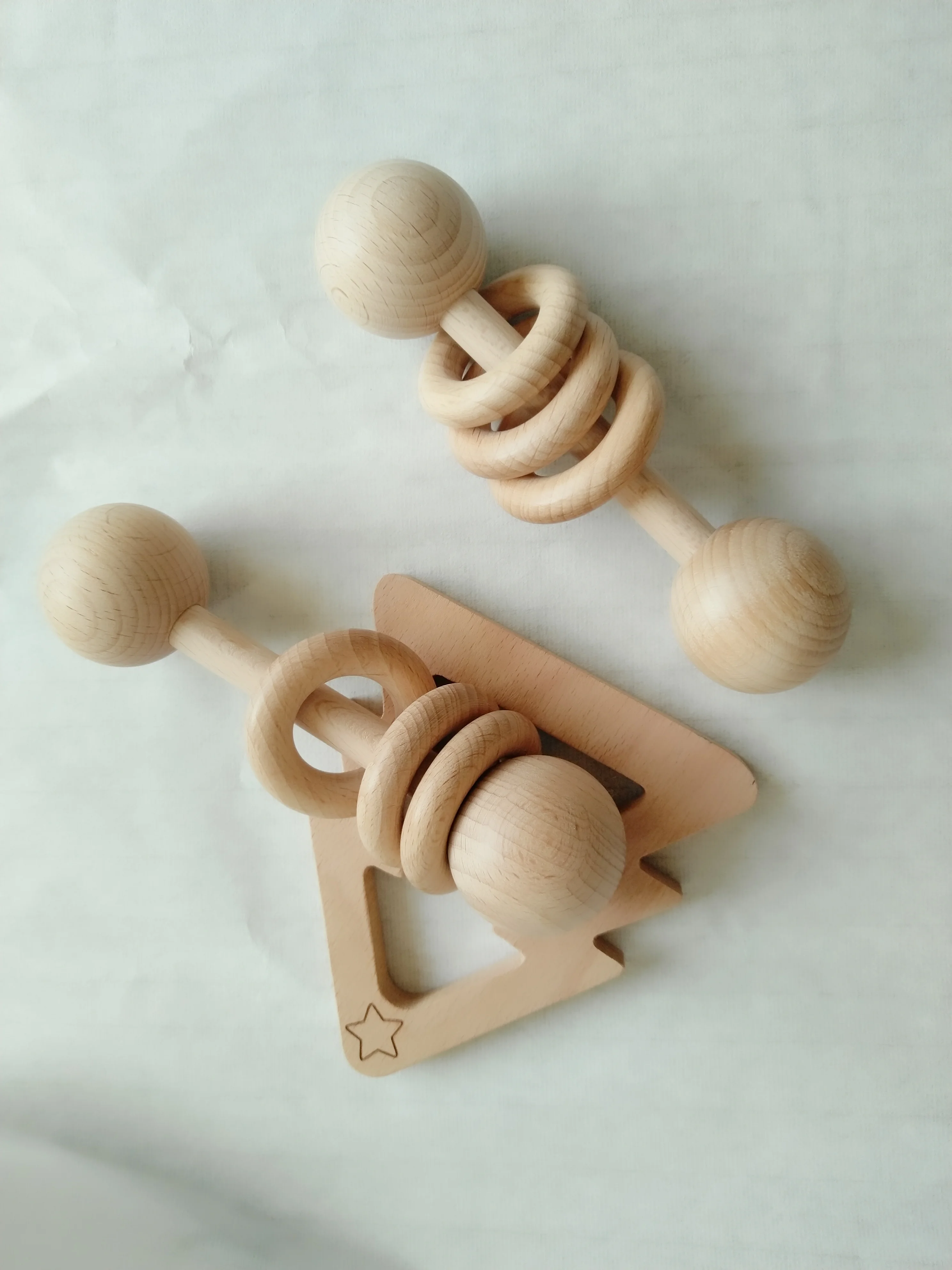 Custom natural beech wood  baby teether rattle toys for babies