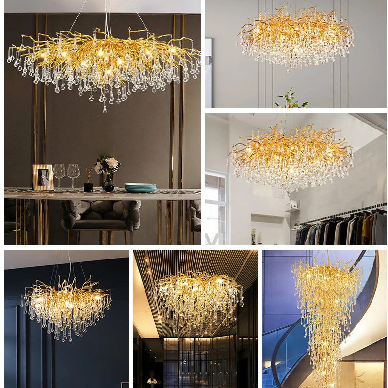 Modern branch-shaped water drop ceiling led chandelier Villa restaurant hotel luxury large crystal chandelier