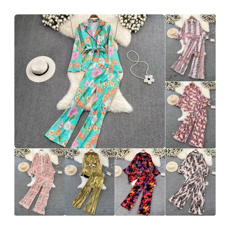 Fashion suit for women Spring and Autumn Blue and White Porcelain Printed Top Two-piece Set High Waist Wide Leg Pants