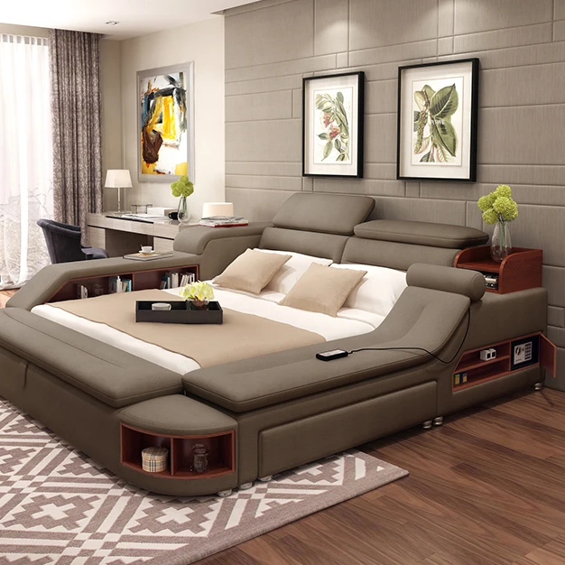 Multi function bed with massage and music pu leather upholstered bed with led