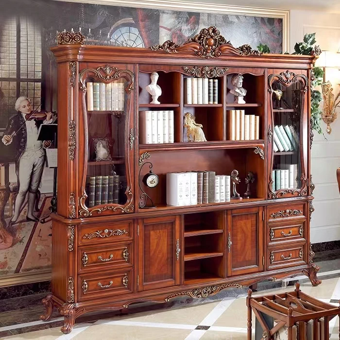 Popular carved office desk retro classical carved wood gold carving desk with wooden bookcase bookshelf