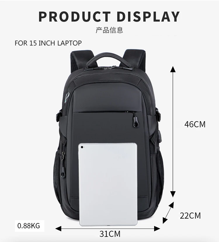 2024 New Factory 15.6 Inch Custom Logo Waterproof Oxford Material Business Men Day Pack Bag Travel Laptop Backpack USB