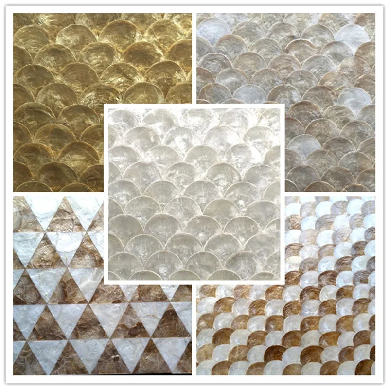 Handmade Hotel Decoration Golden White Color Capiz Shell Mosaic Tile For Bathroom And Kitchen Wall Backsplash