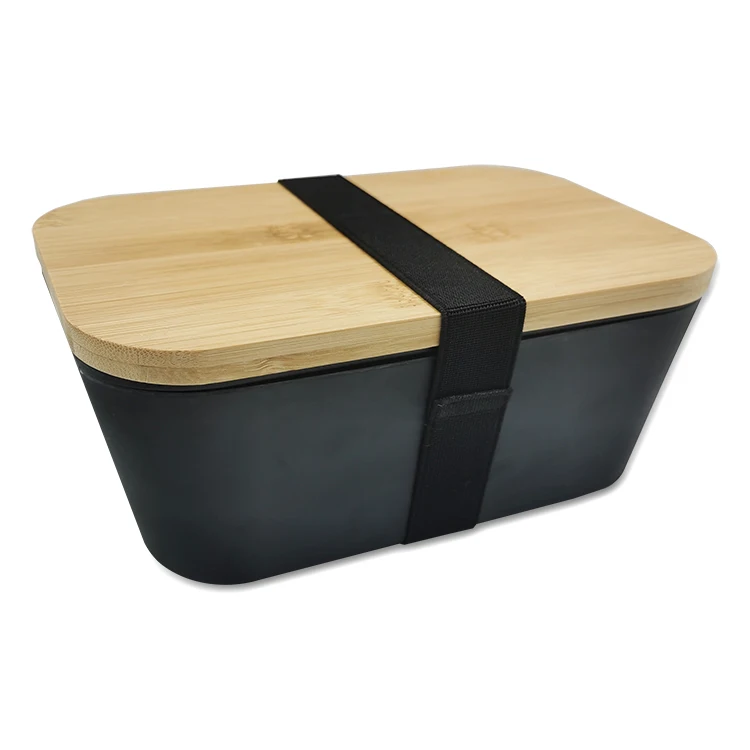 Black Square Bamboo Fiber Double Layer 1L Food Container With Bamboo Lid